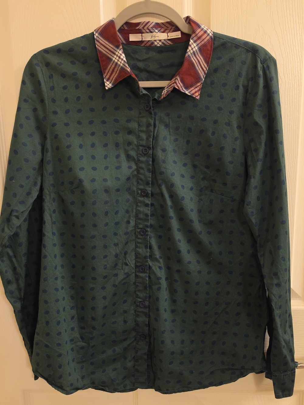 Gibson Green Polka Dot Button-Down Shirt with Red Plaid Collar